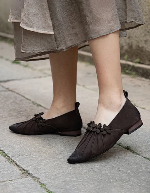 Real Leather Flower Decor Pointed Toe Flat Pumps