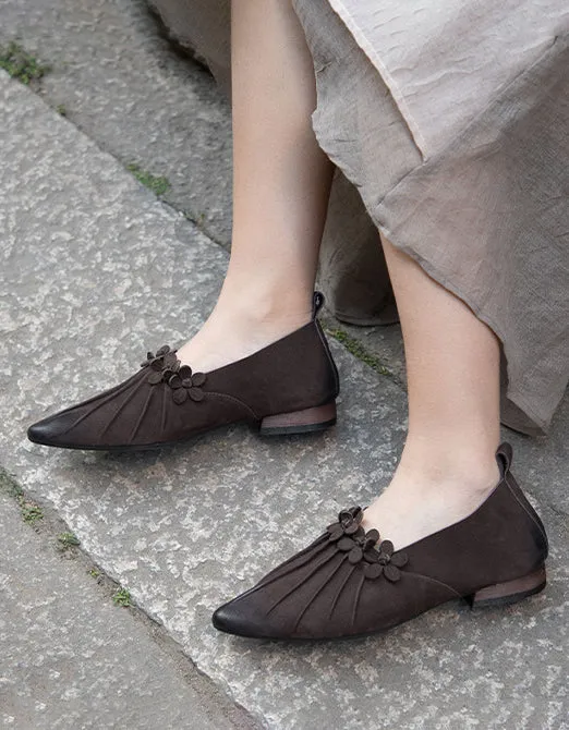 Real Leather Flower Decor Pointed Toe Flat Pumps