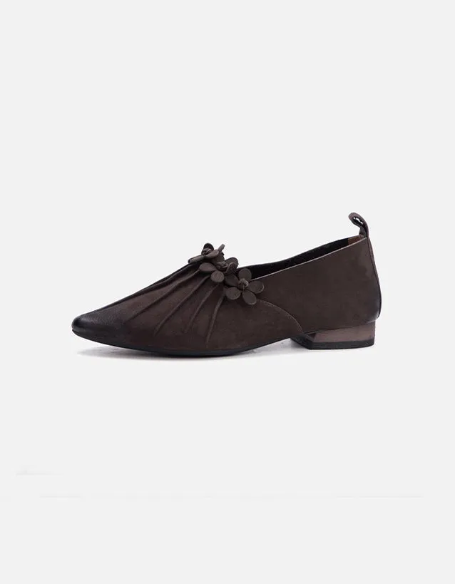Real Leather Flower Decor Pointed Toe Flat Pumps