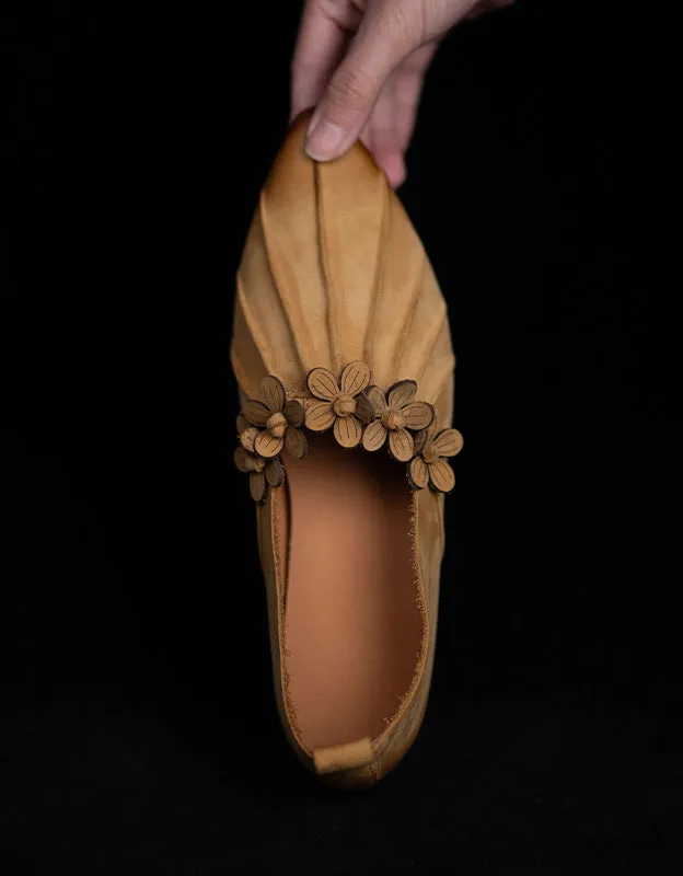 Real Leather Flower Decor Pointed Toe Flat Pumps