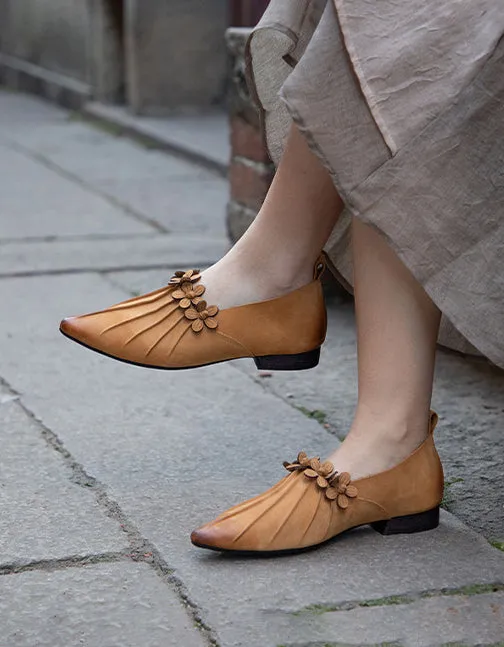 Real Leather Flower Decor Pointed Toe Flat Pumps