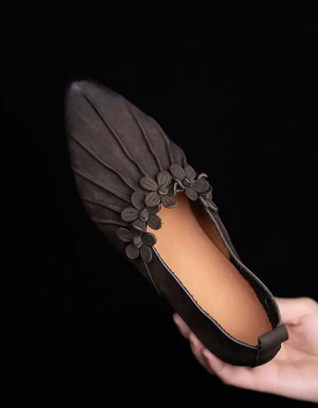 Real Leather Flower Decor Pointed Toe Flat Pumps