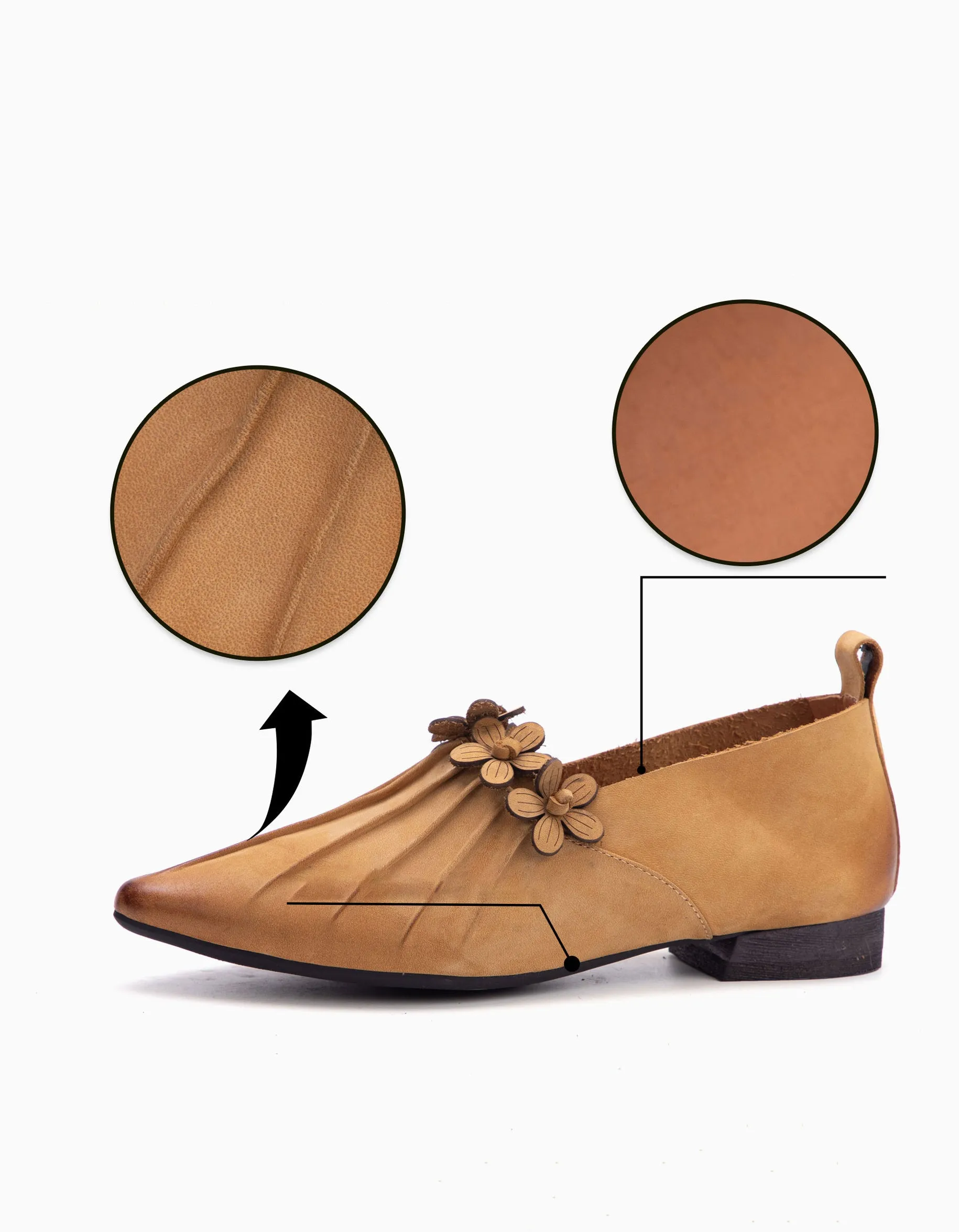 Real Leather Flower Decor Pointed Toe Flat Pumps