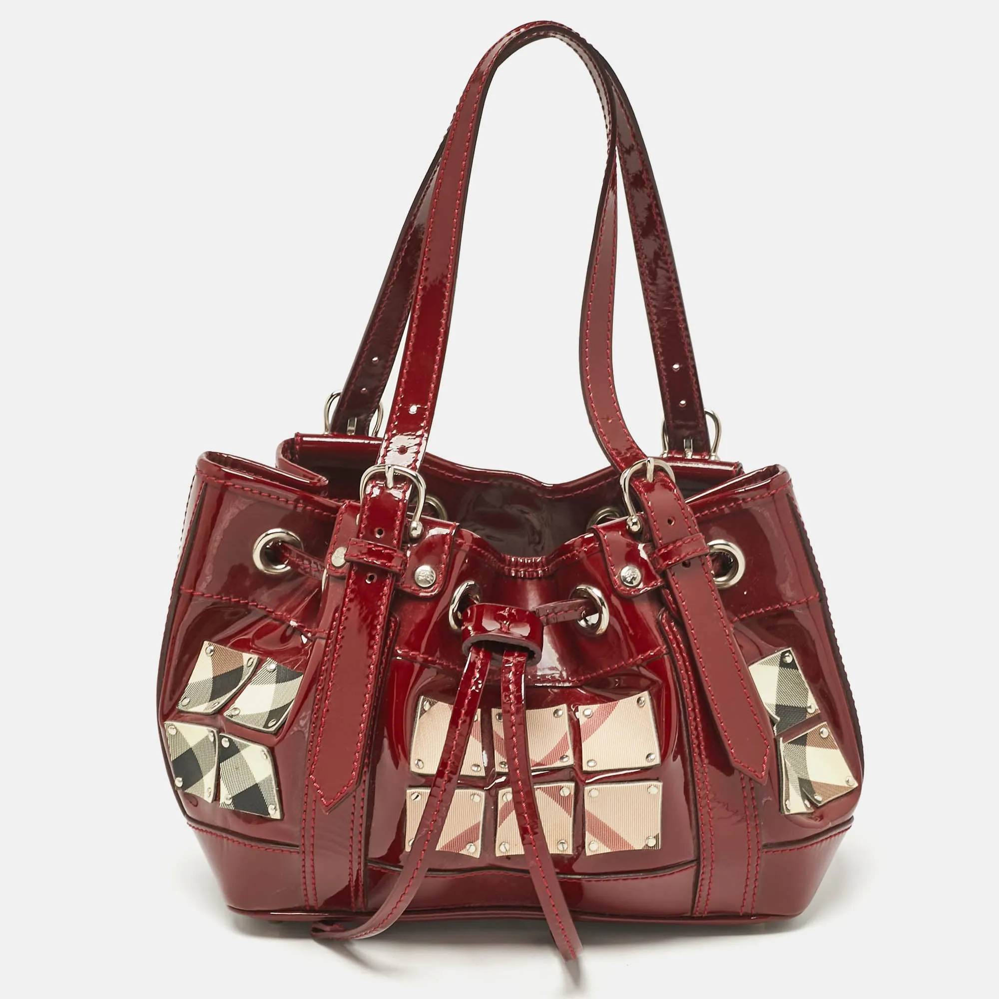 Red Nova Check Patent Leather Warrior Drawstring Tote
