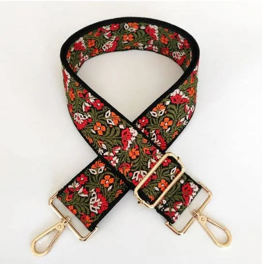 Red Orange Green Floral Embroidered "Guitar" Bag Strap