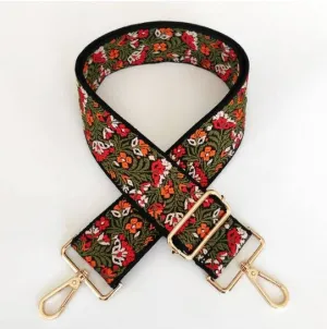 Red Orange Green Floral Embroidered "Guitar" Bag Strap