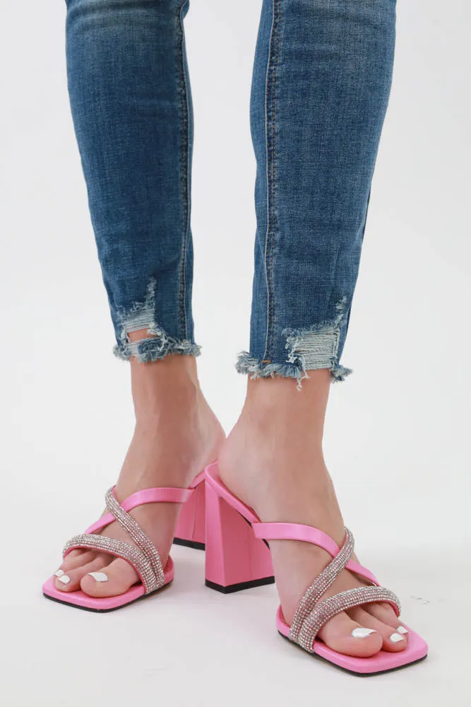 Rhinestone Strappy Heels -Pink