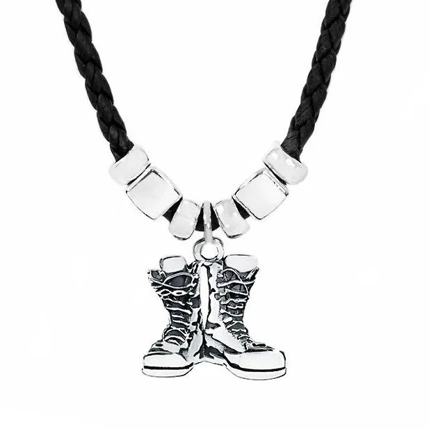 'Ruck-Up' Combat Boots Antique Stainless Steel Pendant Leather Necklace