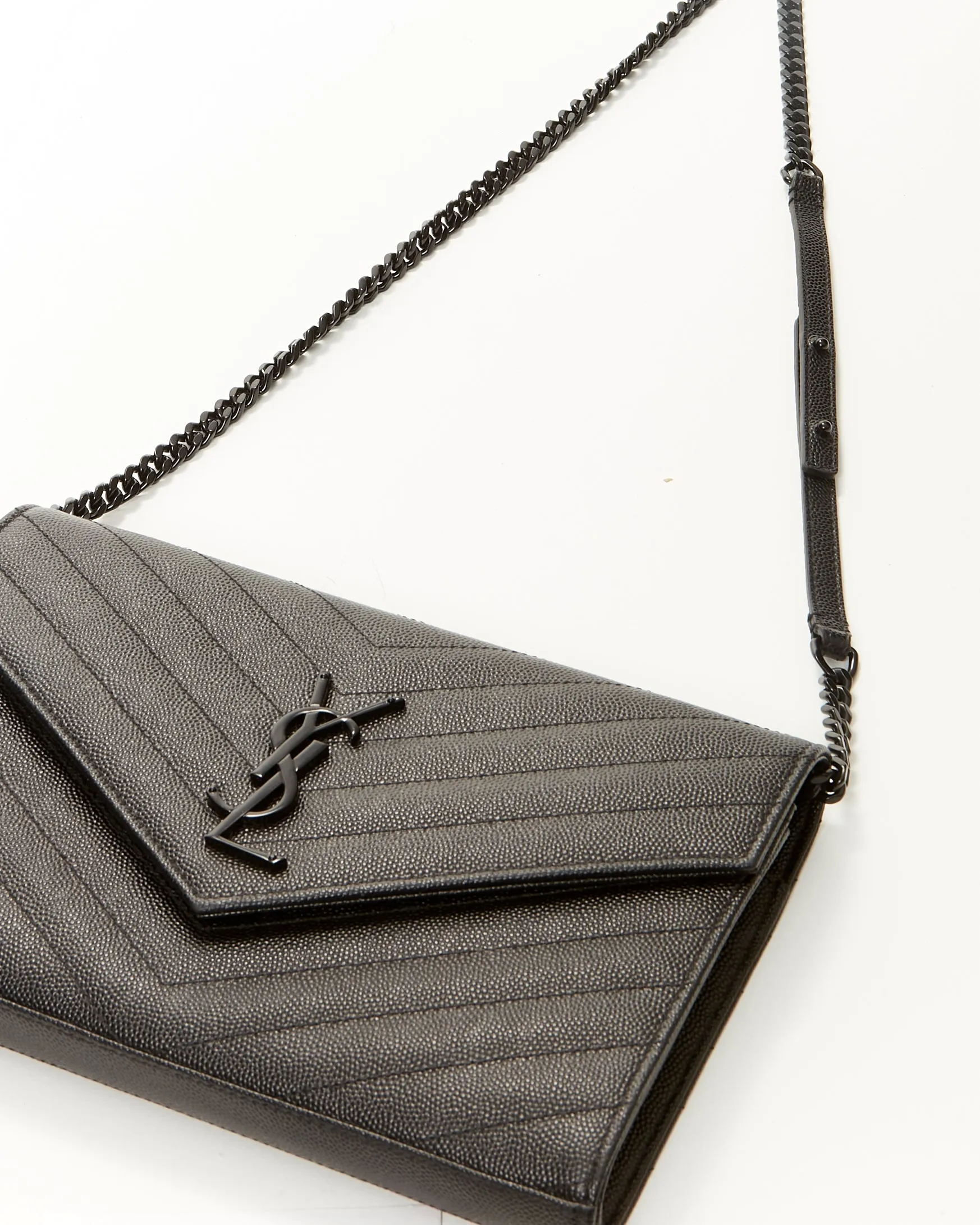 Saint Laurent Black on Black Grain De Poudre Leather Monogram Envelope Chain Crossbody