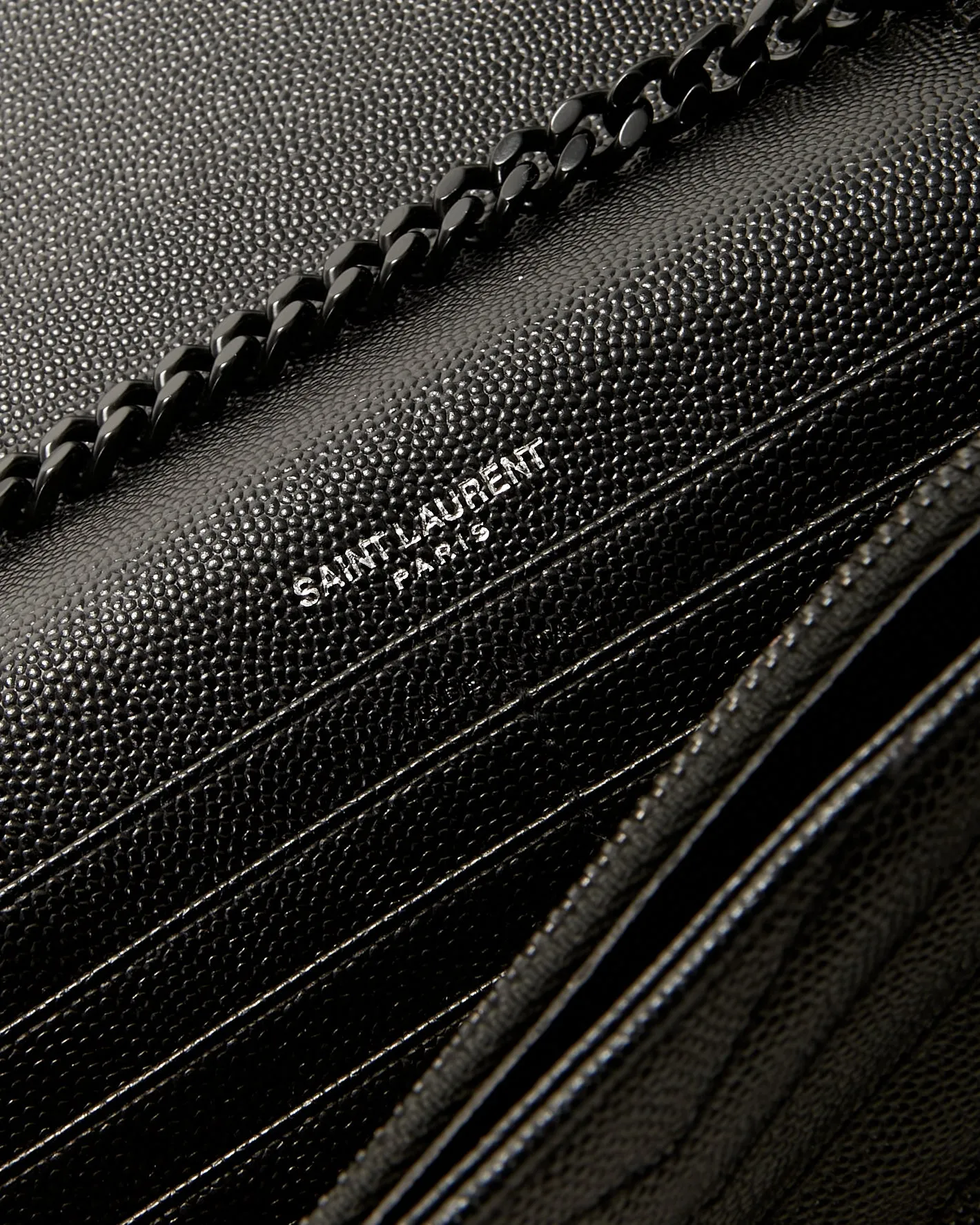 Saint Laurent Black on Black Grain De Poudre Leather Monogram Envelope Chain Crossbody