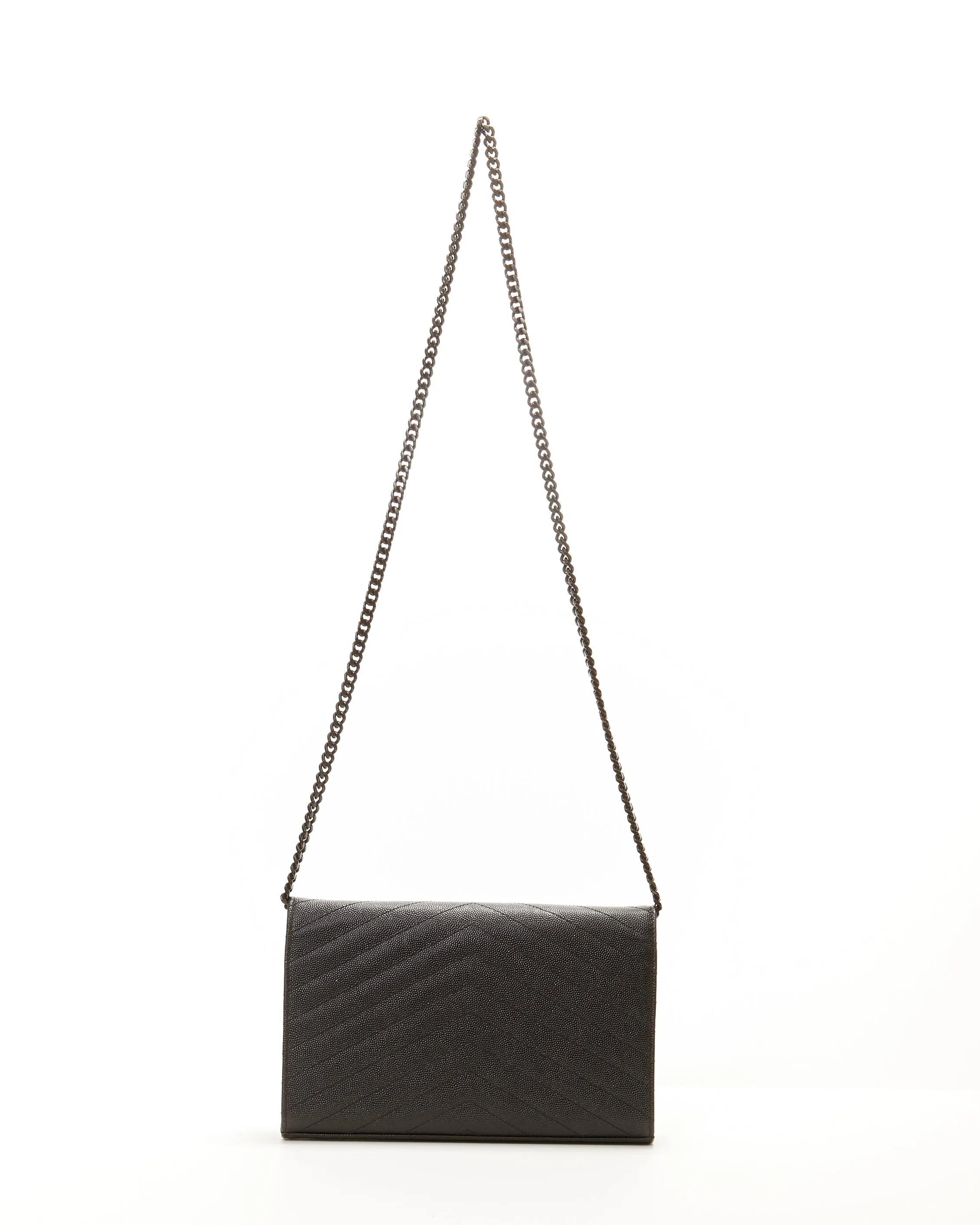Saint Laurent Black on Black Grain De Poudre Leather Monogram Envelope Chain Crossbody