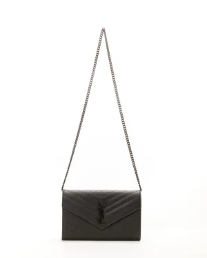 Saint Laurent Black on Black Grain De Poudre Leather Monogram Envelope Chain Crossbody