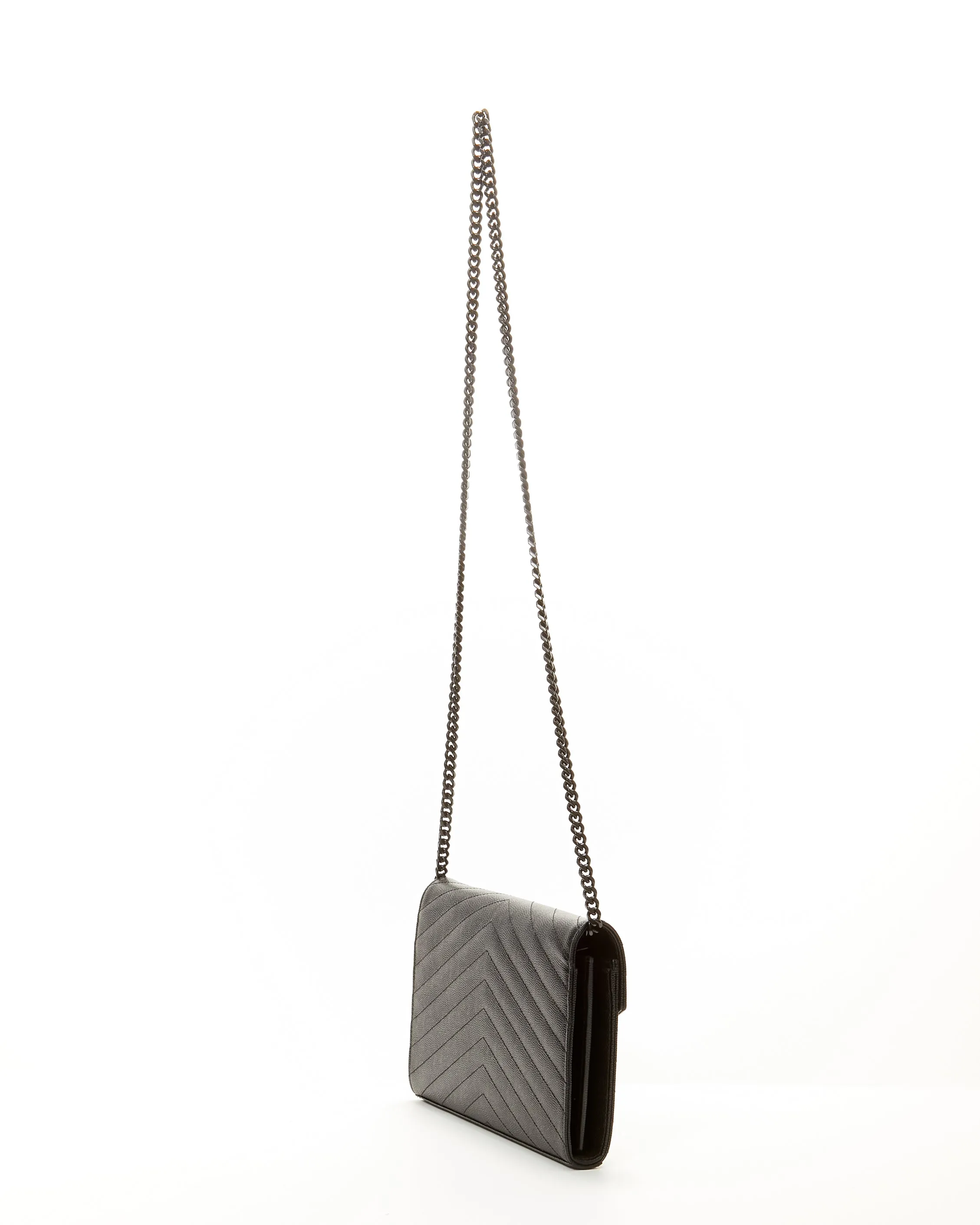 Saint Laurent Black on Black Grain De Poudre Leather Monogram Envelope Chain Crossbody