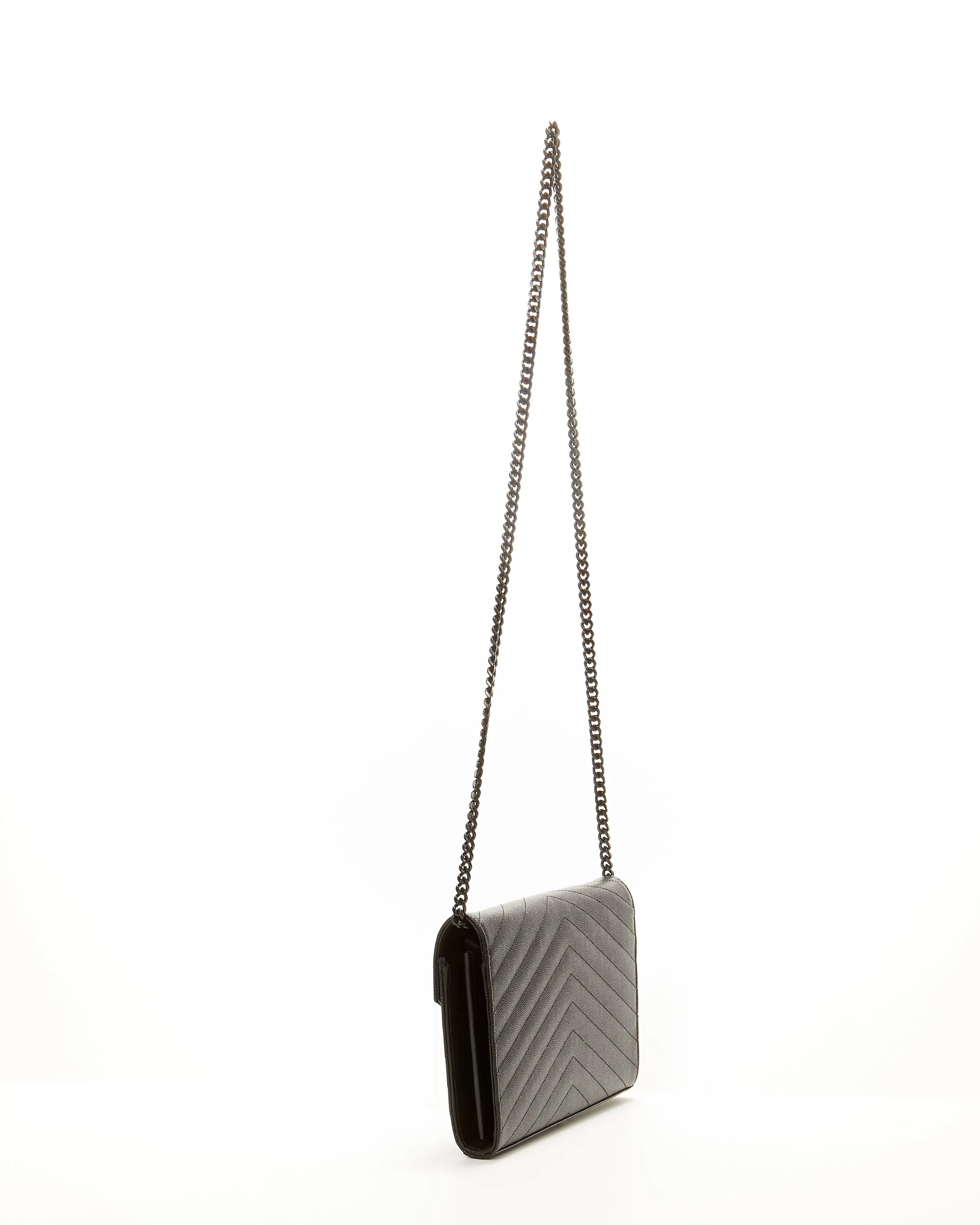 Saint Laurent Black on Black Grain De Poudre Leather Monogram Envelope Chain Crossbody