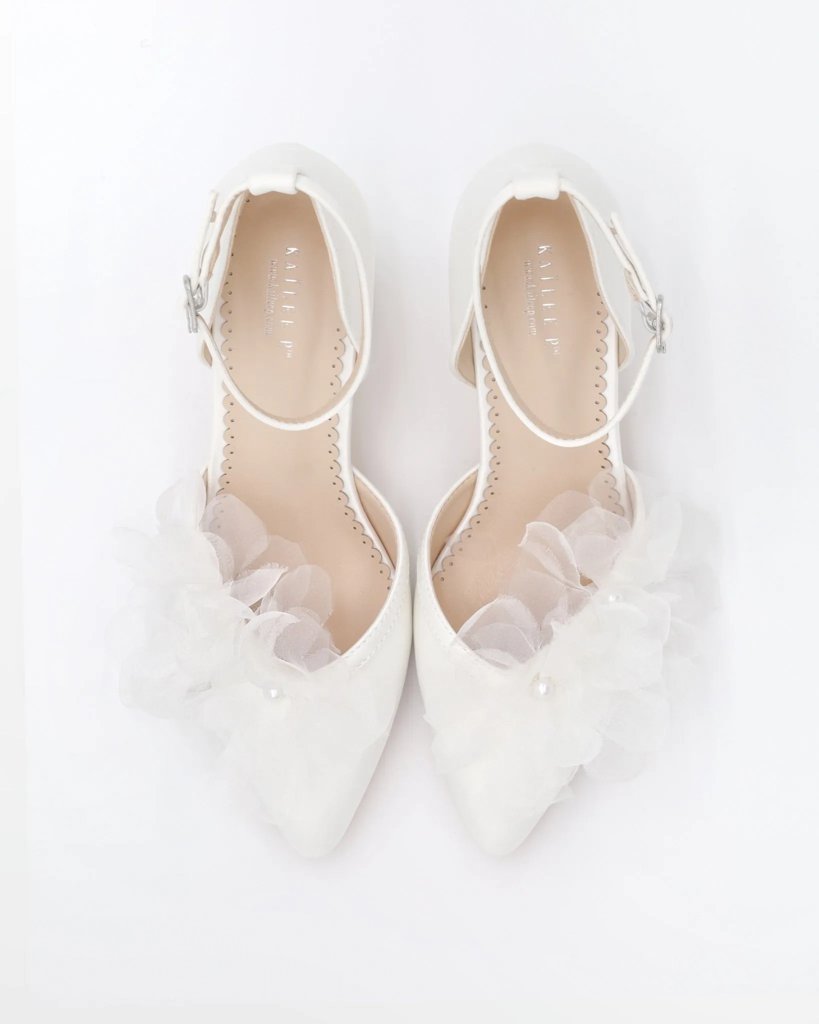 Satin Almond Toe Block Heels Wedding Shoes with Ophelia Flowers
