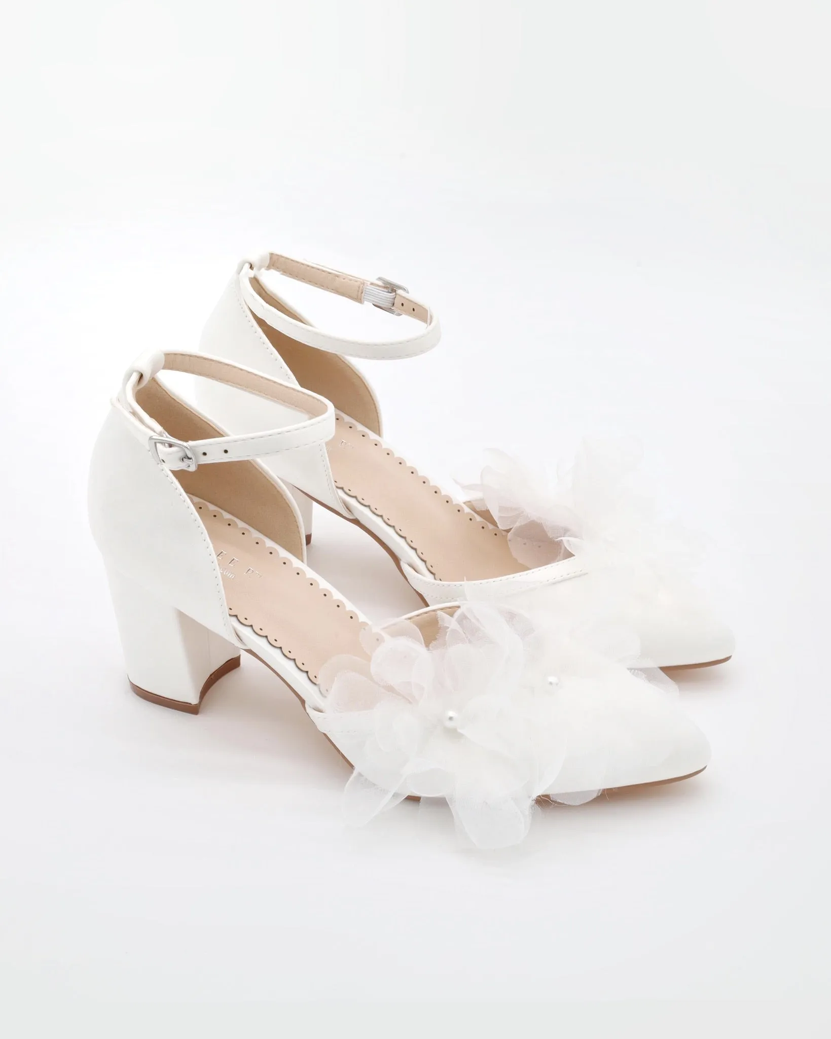 Satin Almond Toe Block Heels Wedding Shoes with Ophelia Flowers