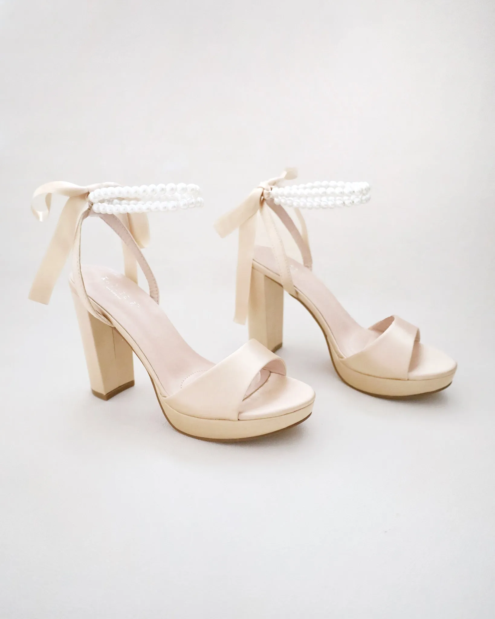 Satin Platform Block Heel Sandals with Double Pearls Ankle Strap