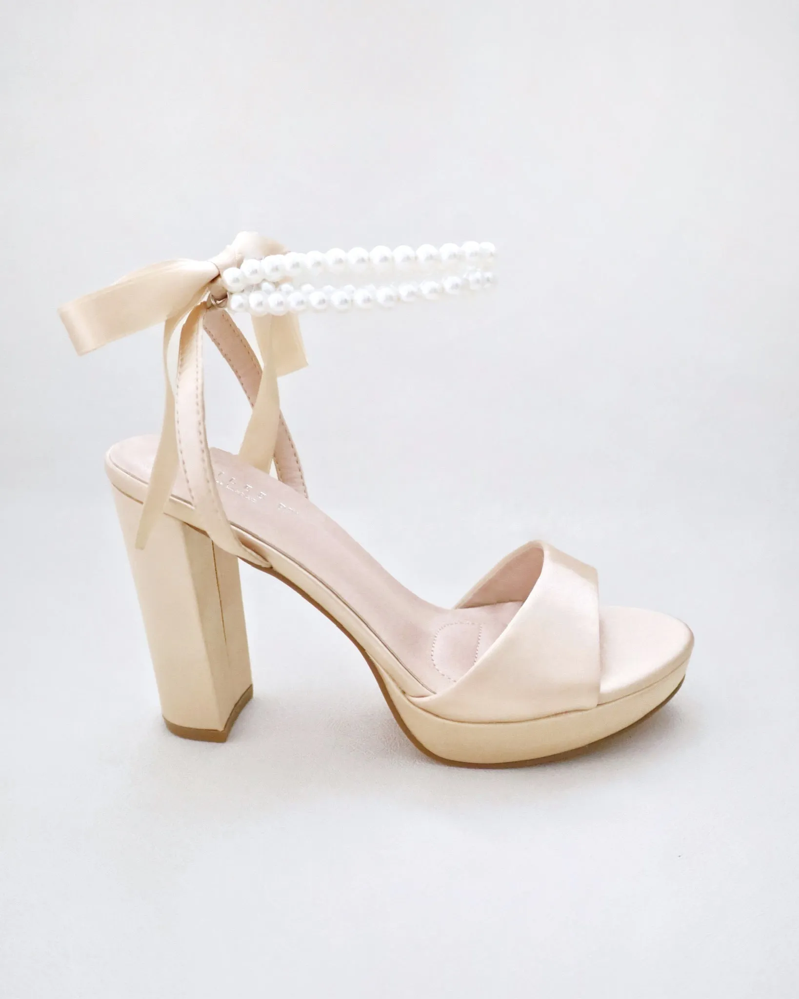 Satin Platform Block Heel Sandals with Double Pearls Ankle Strap