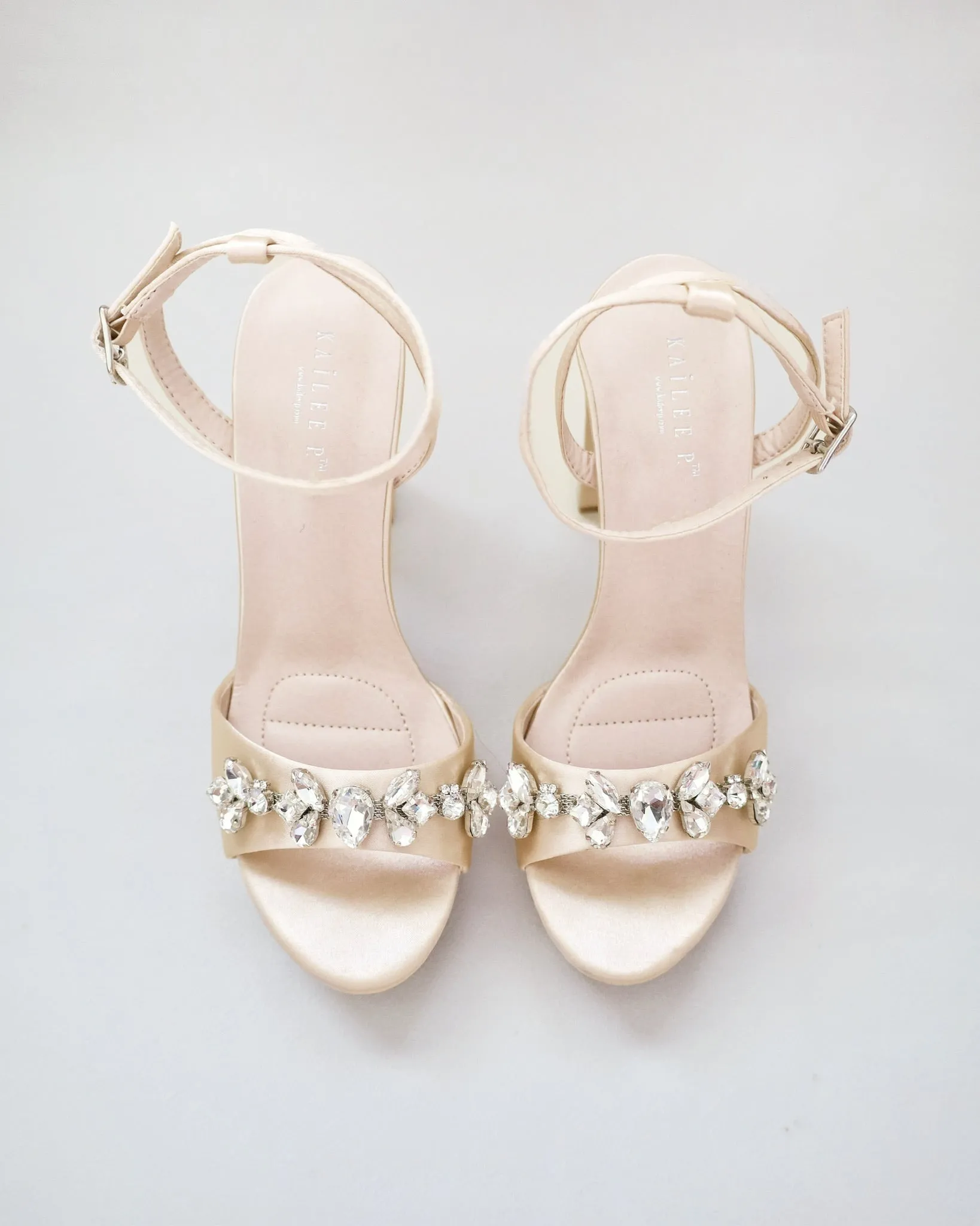 Satin Platform Block Heel Sandals with Navette Rhinestones