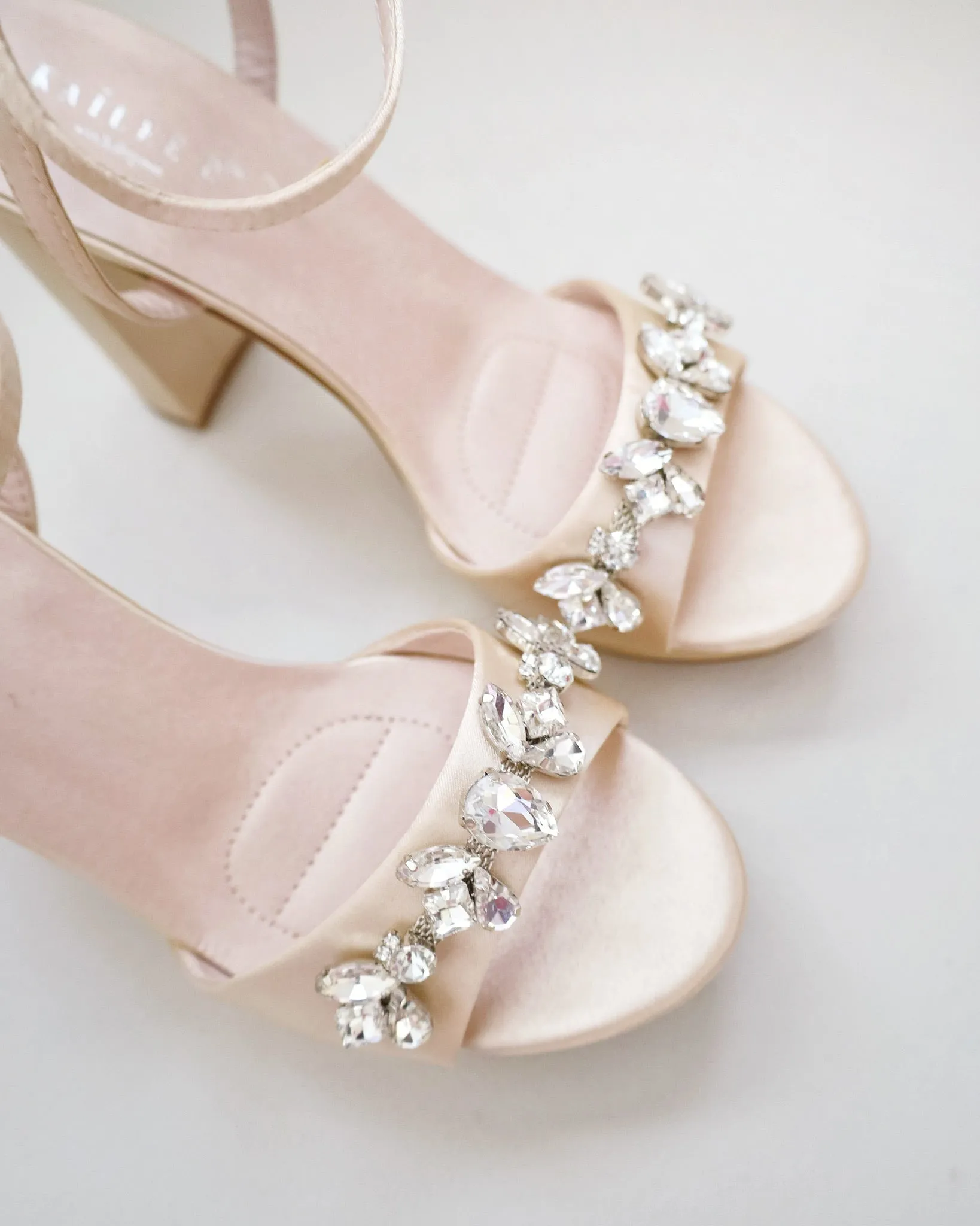 Satin Platform Block Heel Sandals with Navette Rhinestones