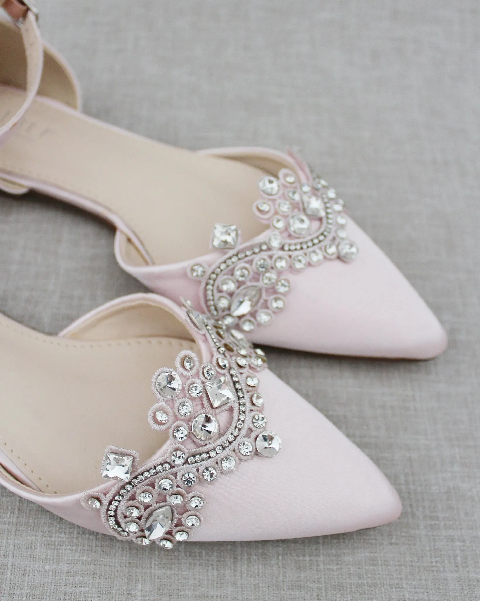 Satin Pointy Toe Flats with Rhinestones Applique Embellishments
