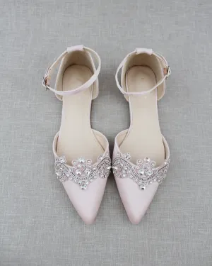 Satin Pointy Toe Flats with Rhinestones Applique Embellishments