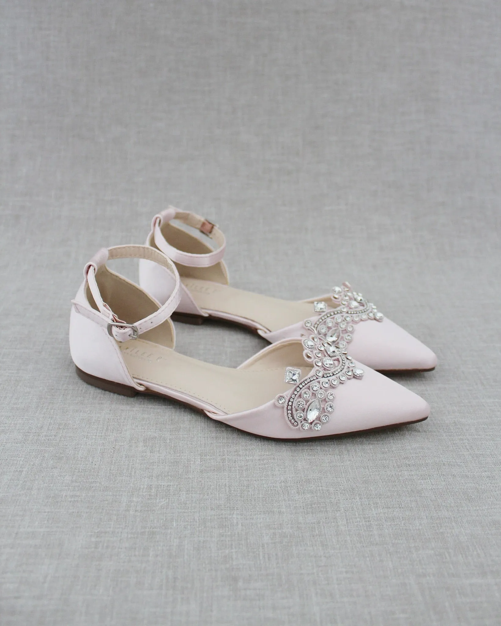 Satin Pointy Toe Flats with Rhinestones Applique Embellishments