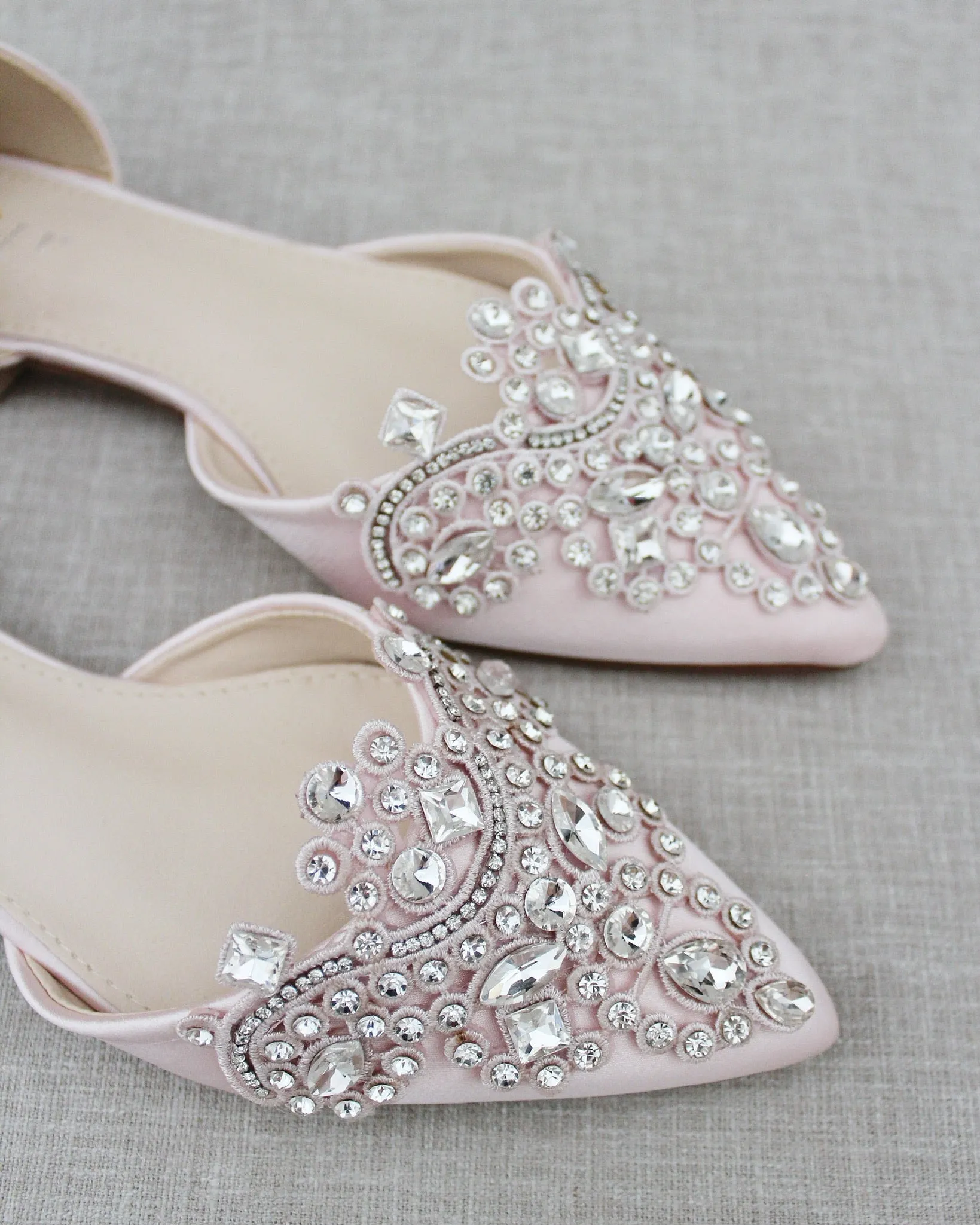 Satin Pointy Toe Flats with Rhinestones Applique Embellishments