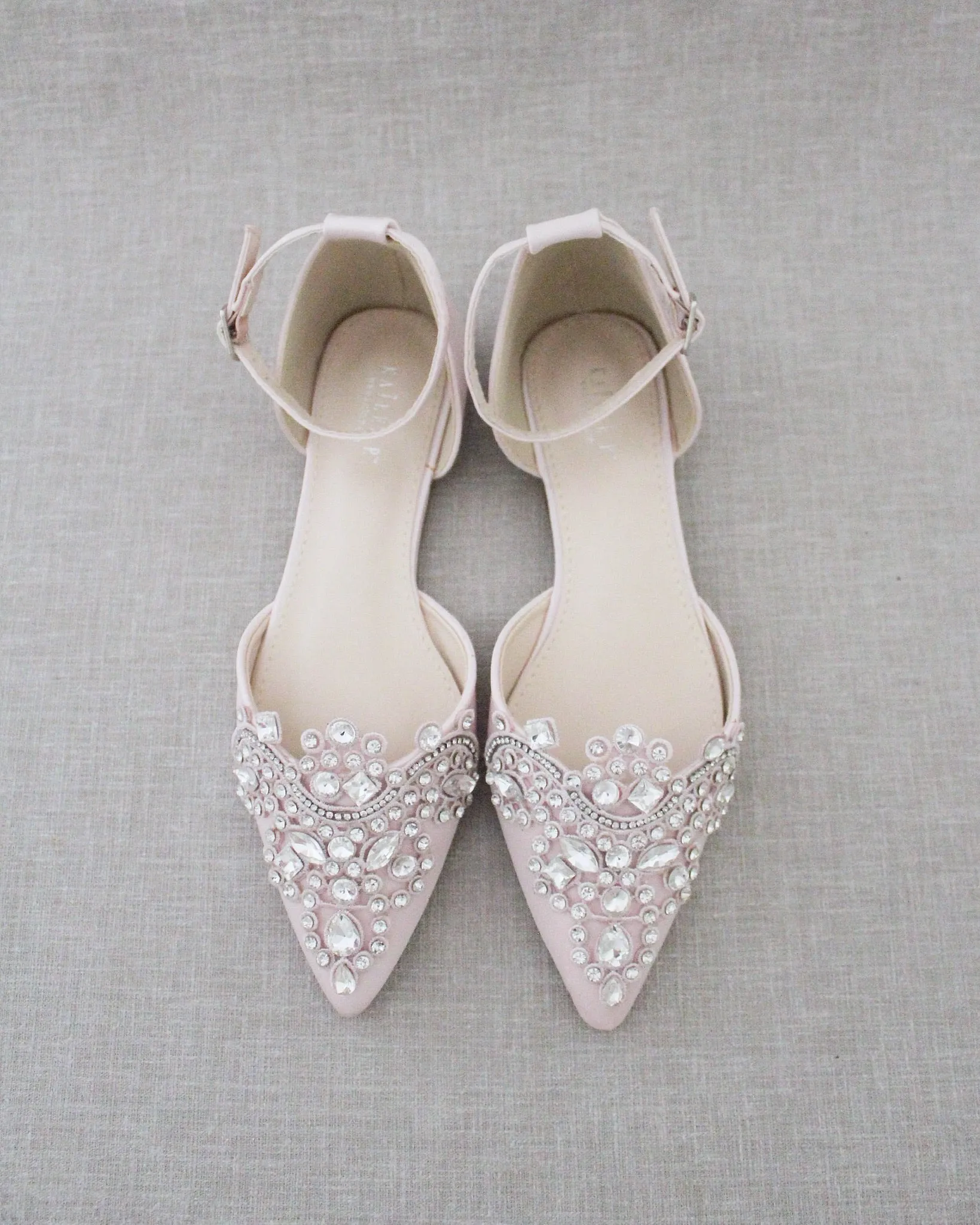 Satin Pointy Toe Flats with Rhinestones Applique Embellishments