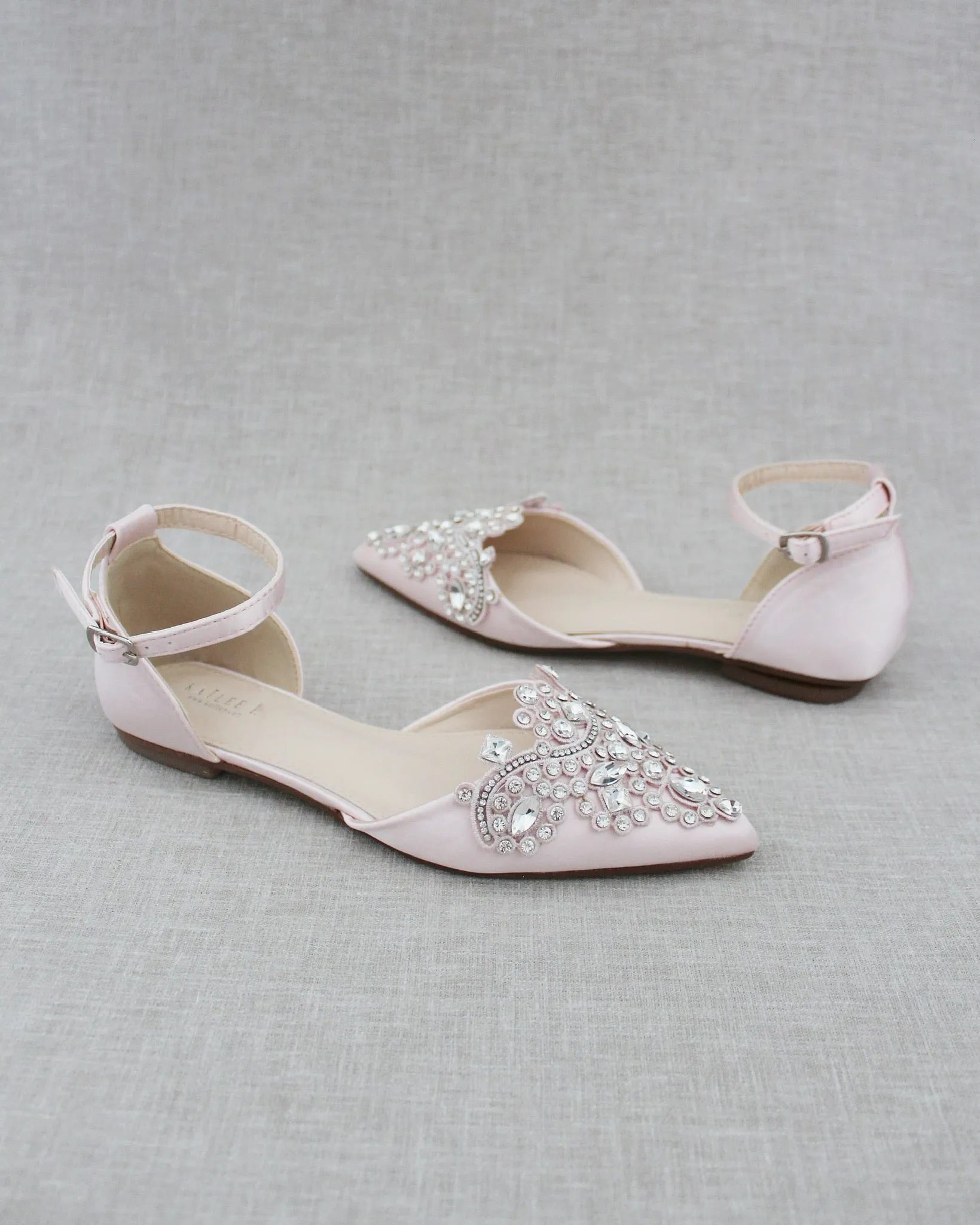 Satin Pointy Toe Flats with Rhinestones Applique Embellishments