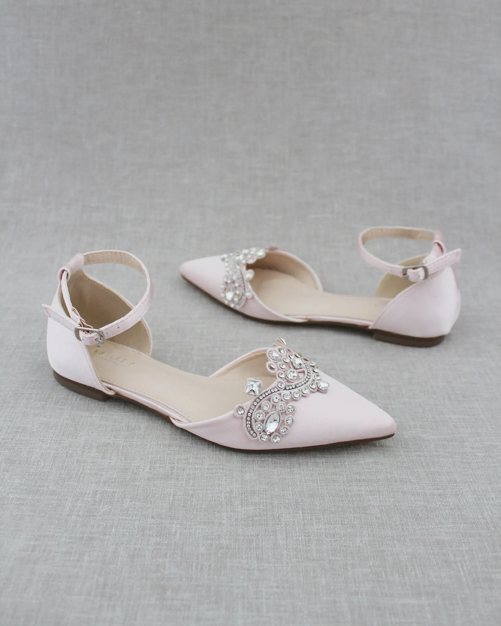 Satin Pointy Toe Flats with Rhinestones Applique Embellishments