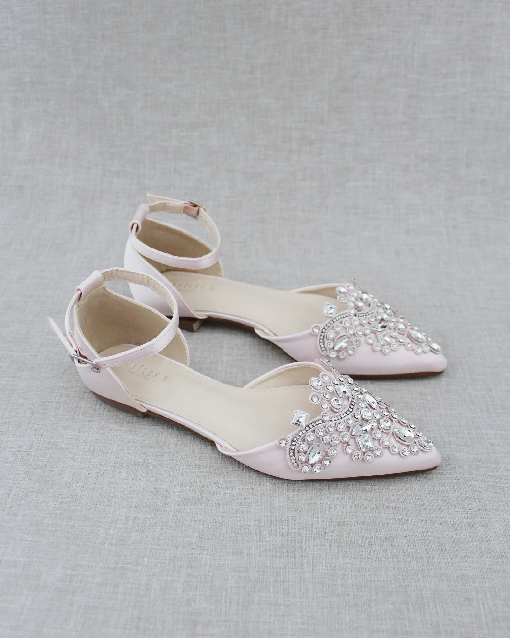 Satin Pointy Toe Flats with Rhinestones Applique Embellishments