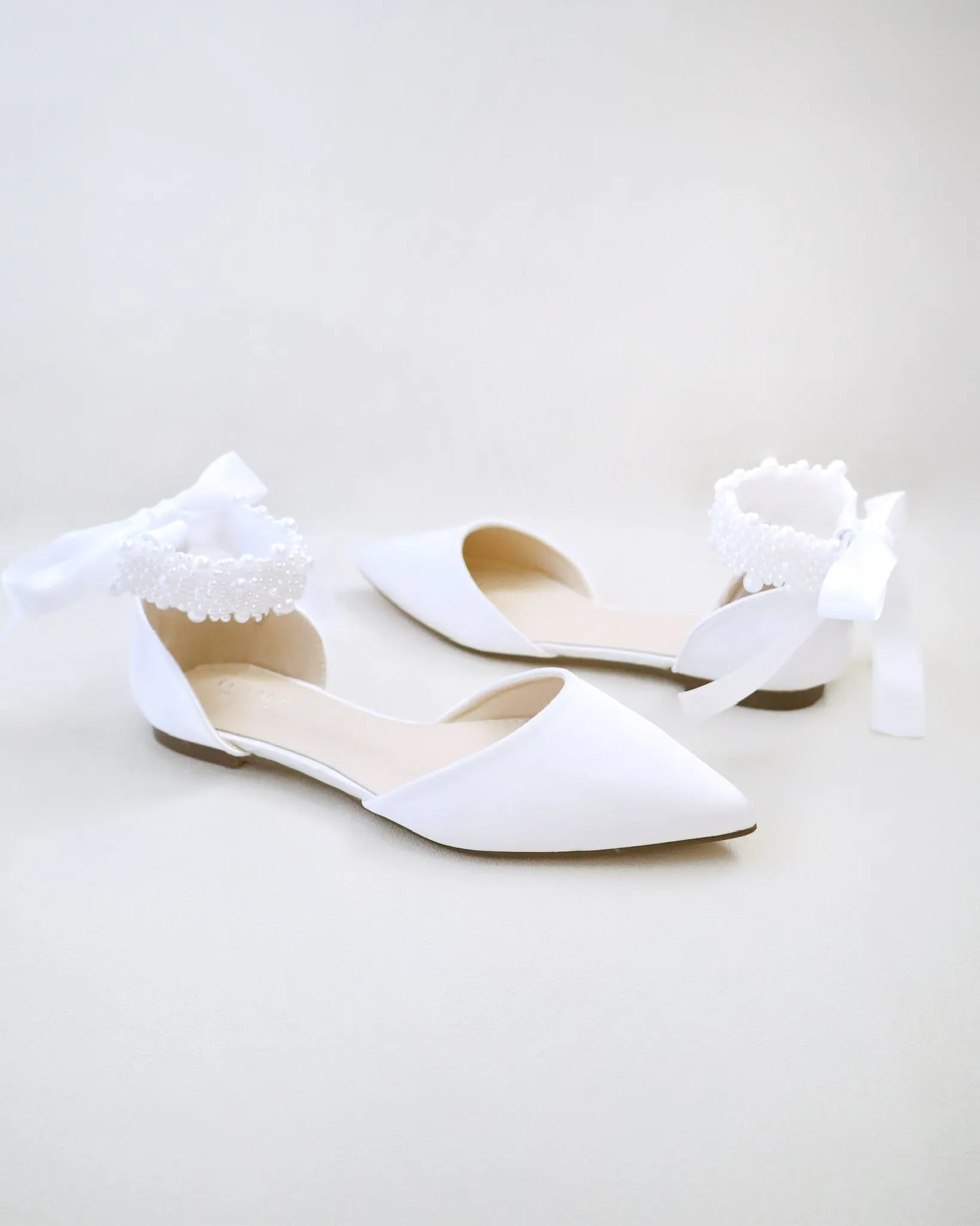 Satin Pointy Toe Wedding Flats with Perla Ankle Strap