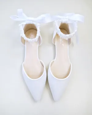 Satin Pointy Toe Wedding Flats with Perla Ankle Strap