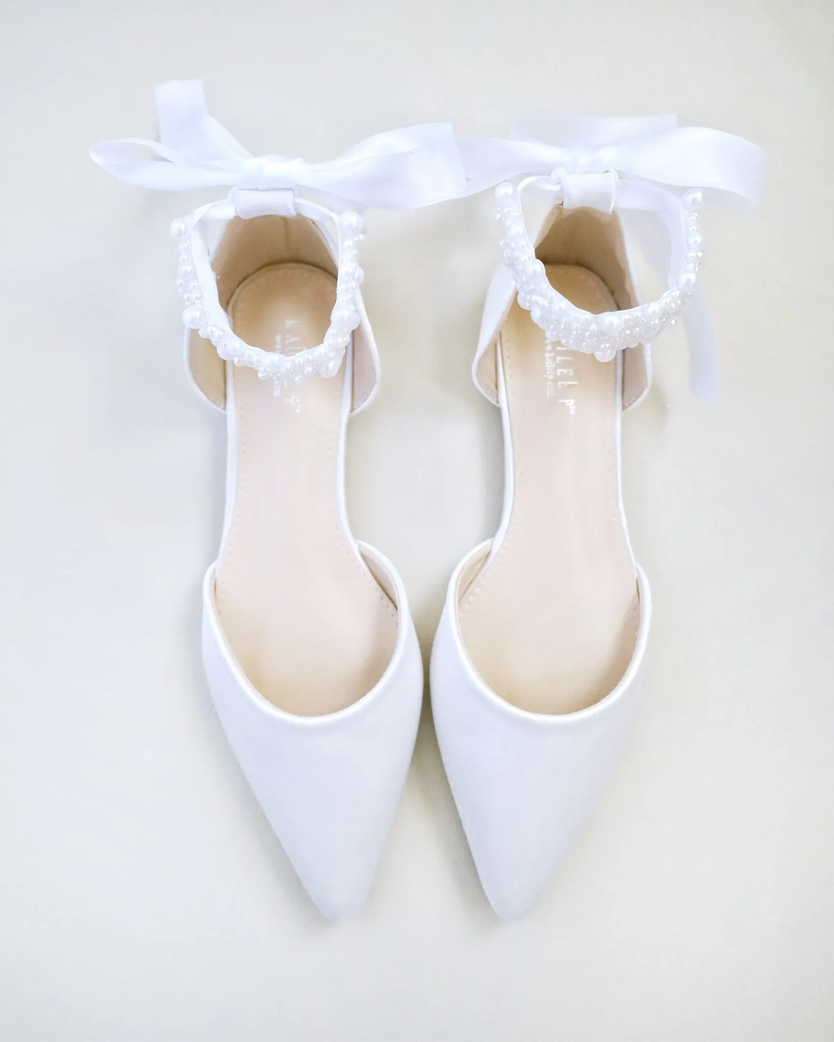 Satin Pointy Toe Wedding Flats with Perla Ankle Strap