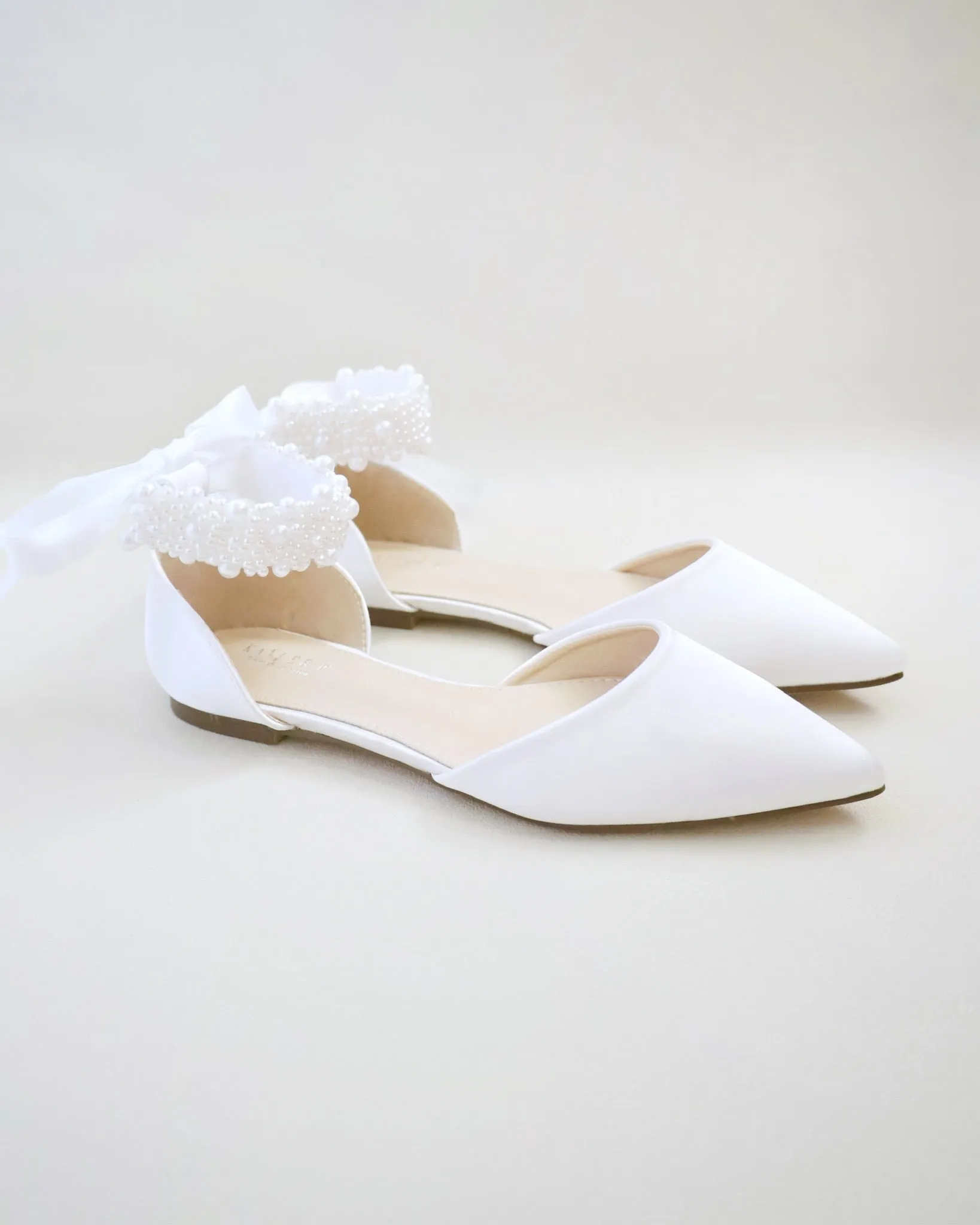 Satin Pointy Toe Wedding Flats with Perla Ankle Strap