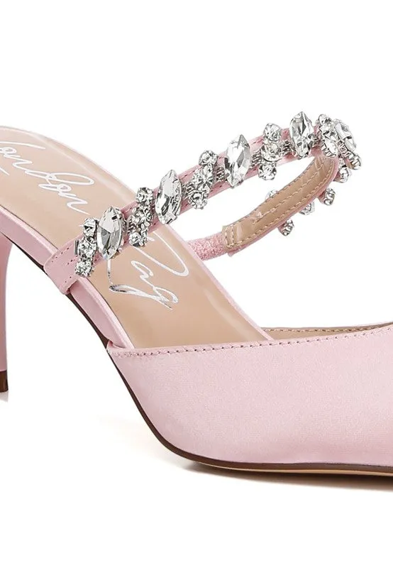 Sena Diamante Stiletto Mule Sandals - Pointed Toe, 2.7" Heel, Blush, Champagne, White