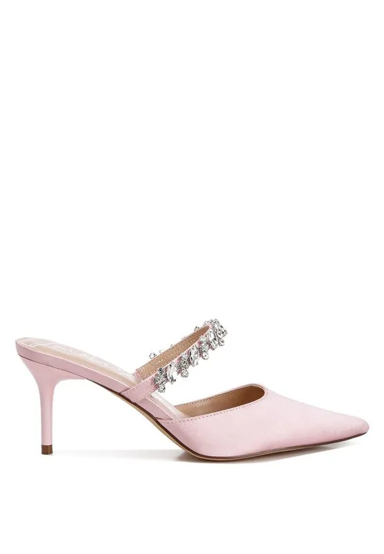 Sena Diamante Stiletto Mule Sandals - Pointed Toe, 2.7" Heel, Blush, Champagne, White
