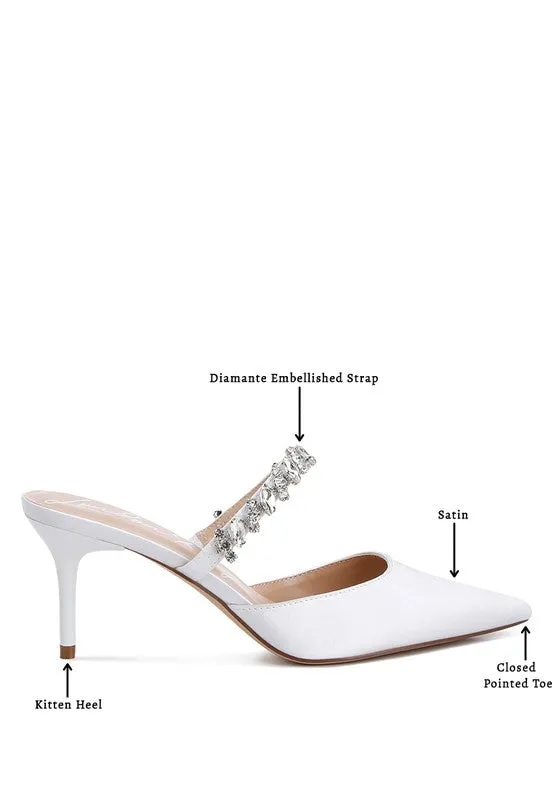 Sena Diamante Stiletto Mule Sandals - Pointed Toe, 2.7" Heel, Blush, Champagne, White
