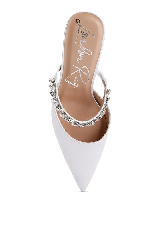 Sena Diamante Stiletto Mule Sandals - Pointed Toe, 2.7" Heel, Blush, Champagne, White