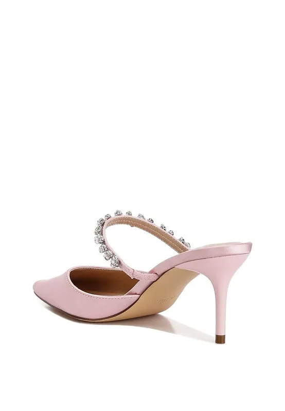 Sena Diamante Stiletto Mule Sandals - Pointed Toe, 2.7" Heel, Blush, Champagne, White