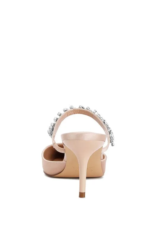 Sena Diamante Stiletto Mule Sandals - Pointed Toe, 2.7" Heel, Blush, Champagne, White