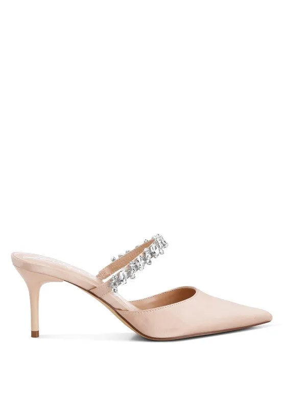 Sena Diamante Stiletto Mule Sandals - Pointed Toe, 2.7" Heel, Blush, Champagne, White