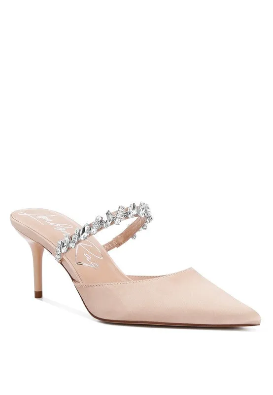 Sena Diamante Stiletto Mule Sandals - Pointed Toe, 2.7" Heel, Blush, Champagne, White