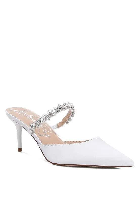 Sena Diamante Stiletto Mule Sandals - Pointed Toe, 2.7" Heel, Blush, Champagne, White