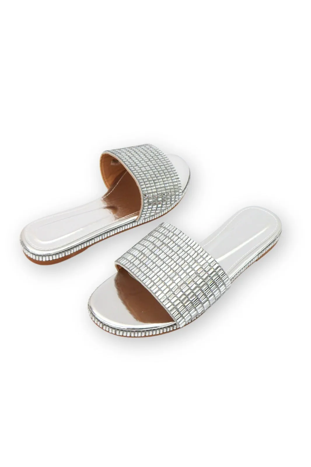 SILVER SPARKLY SLIP ON SLIPPERS SLIDERS