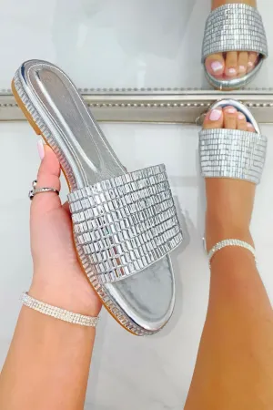SILVER SPARKLY SLIP ON SLIPPERS SLIDERS