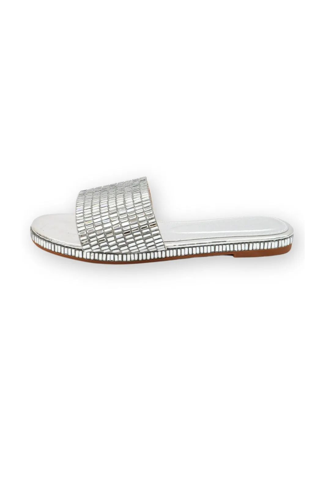 SILVER SPARKLY SLIP ON SLIPPERS SLIDERS