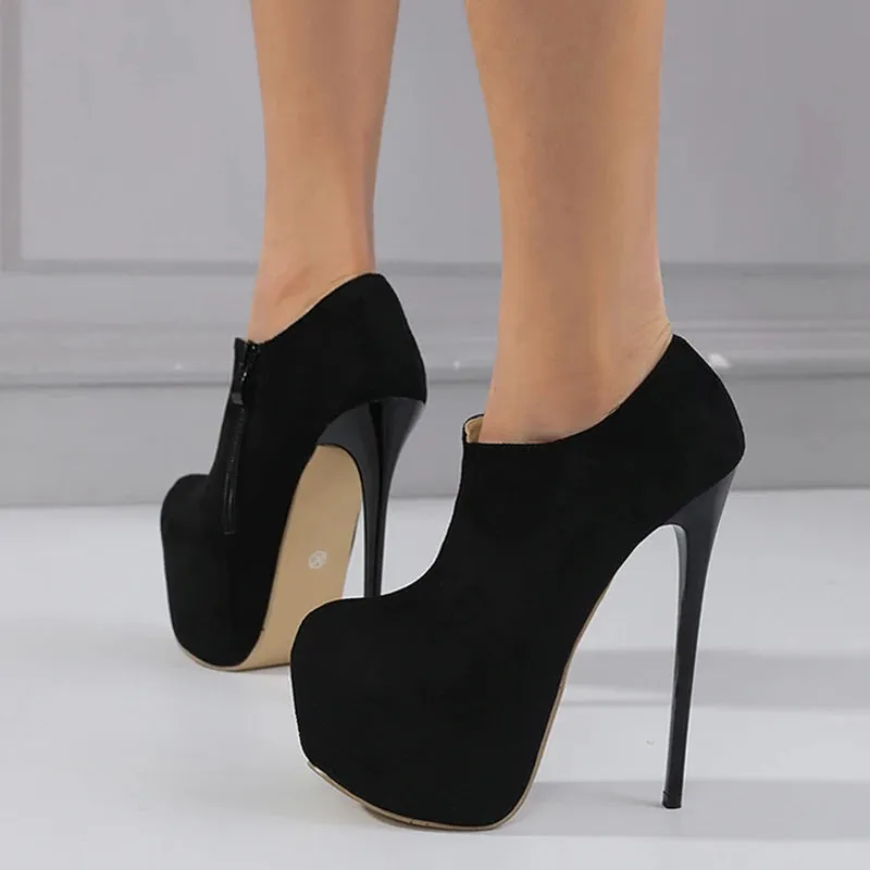 Spring Autumn Solid Round Toe Zip 16CM Super High Heels