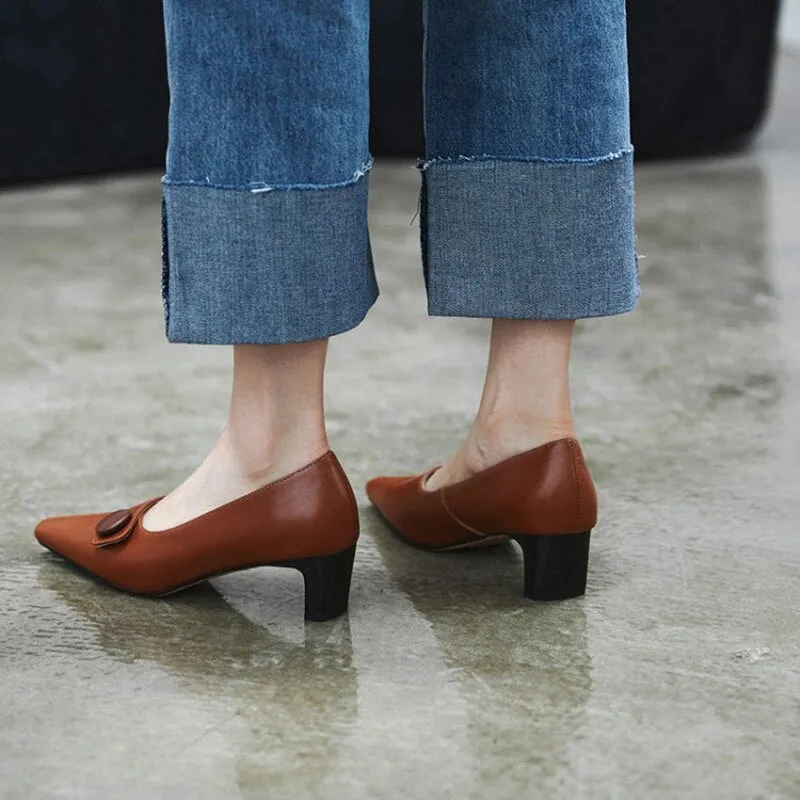 Square heel Genuine Leather Square Toe Shoes